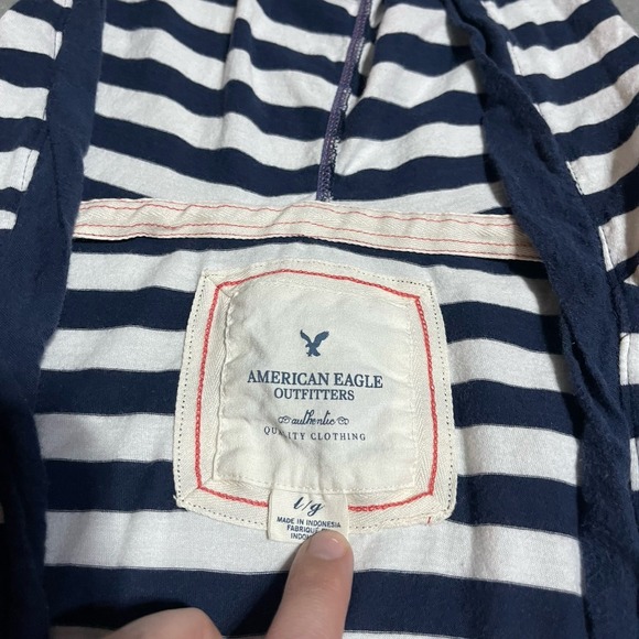 Y2K American Eagle Top Womens Large Navy White Striped Hooded Kangaroo Pocket - Picture 4 of 6